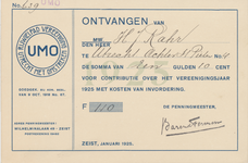 712319 Ontvangstbewijs voor de contributie betaald door de heer H.J. Rahr te Utrecht van de UMO, Rijwielpadvereeniging ...